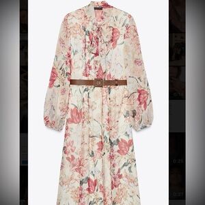 Zara Floral Kids Dress with Belt - Pink and Cream